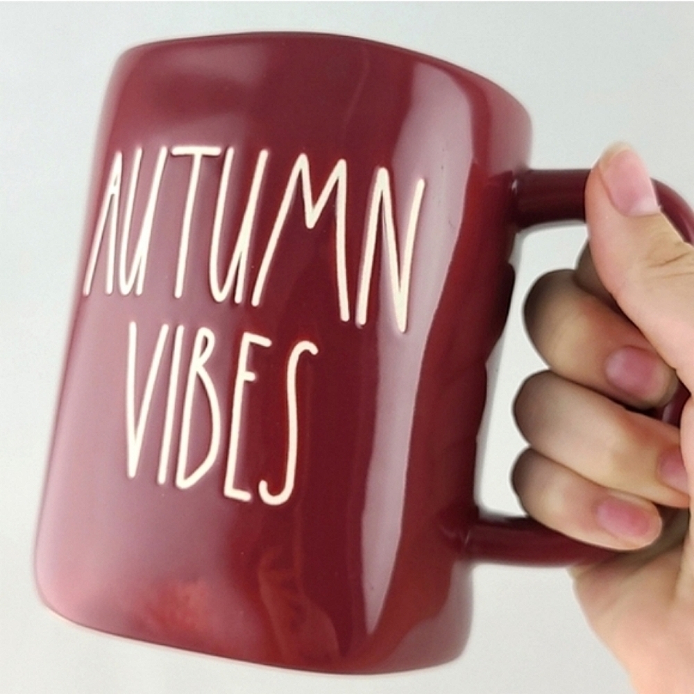 New Rae Dunn Glossy Red Burgundy Coffee Mug Large White Letters AUTUMN VIBES